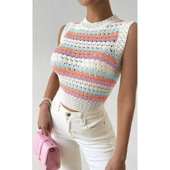 Multicolor Contrast Stripe Hollow Out Sleeveless Knitted Top - Picture 2 of 5